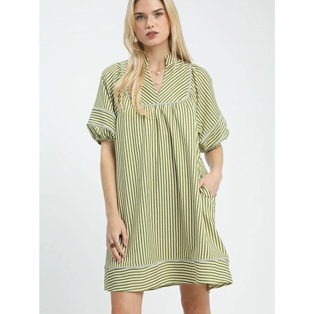 Umgee Striped Puff Sleeve Shift Dress in Light Green sz Large